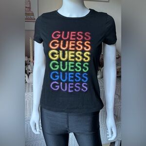 Guess 100% Cotton Sparkling Rainbow Color Inspired tee shirt Black color Size M